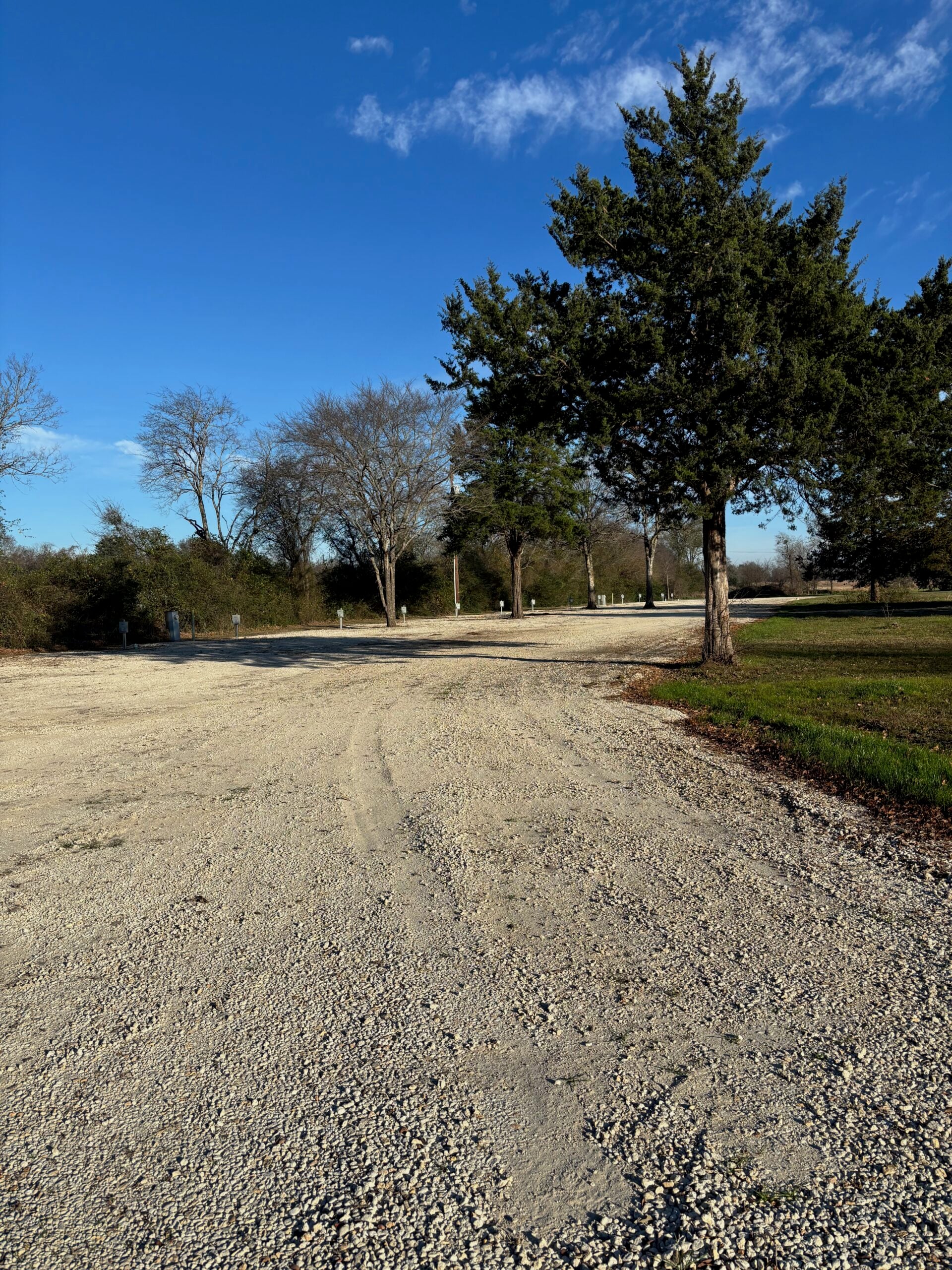 A gravel road curves through a park with scattered trees, patches of grass, and a clear blue sky overhead.